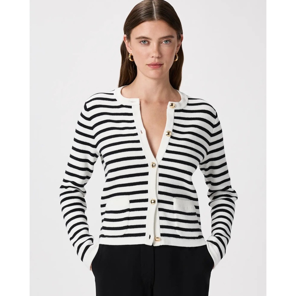 Quince Organic Cotton Striped Sweater Jacket Ivory Black Gold Buttons XL